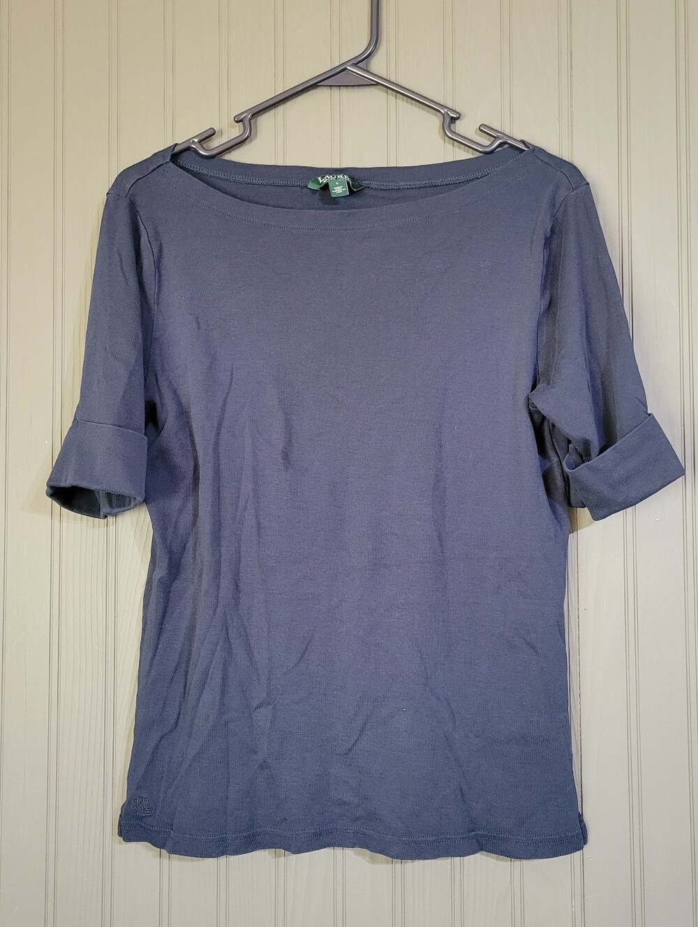 Lauren Ralph Lauren Shirt Boat Neck Rolled Cuff Cotton Blue Women's Large